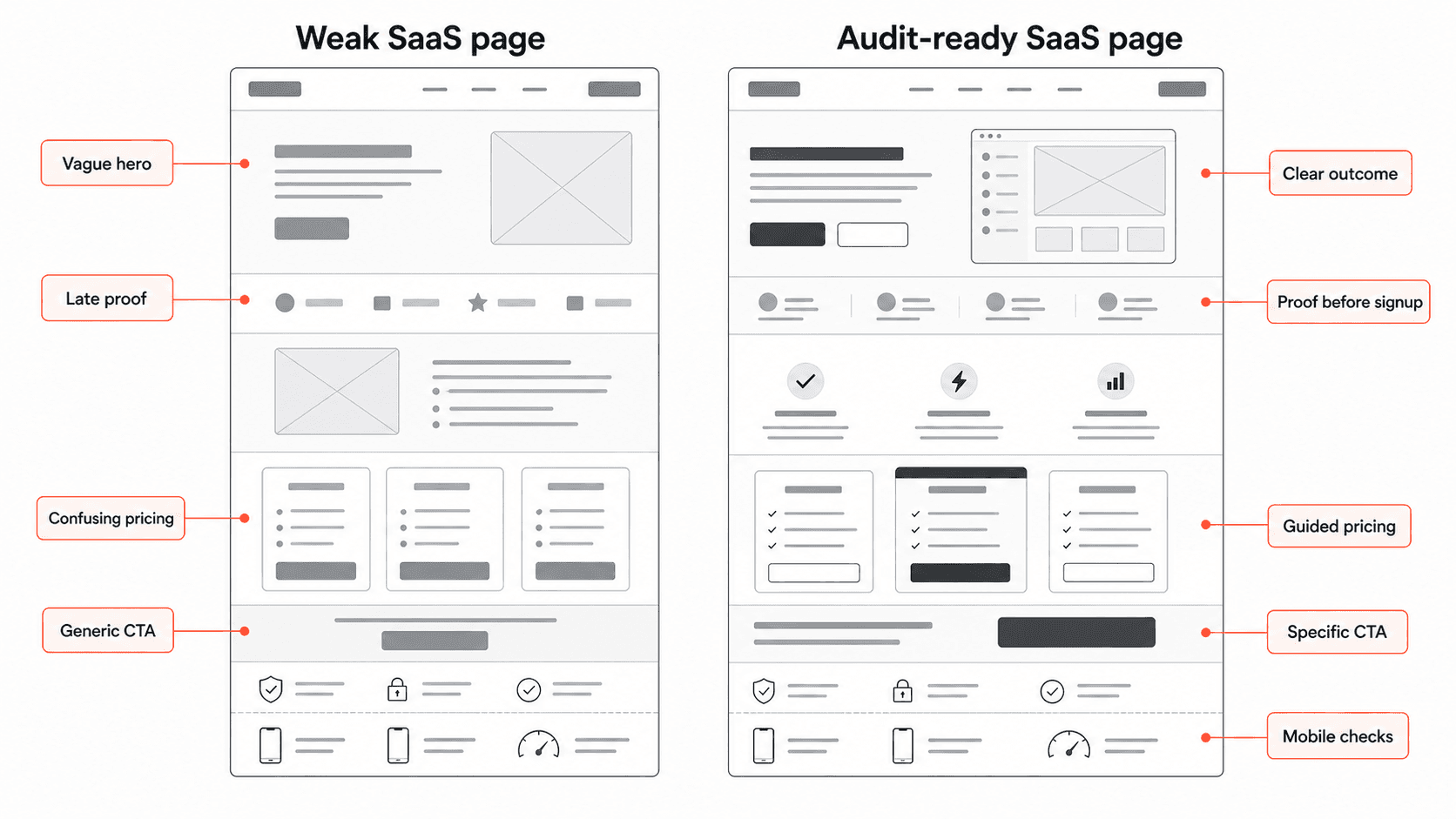 AI-generated side-by-side SaaS landing page audit diagram comparing a weak page with an audit-ready page.